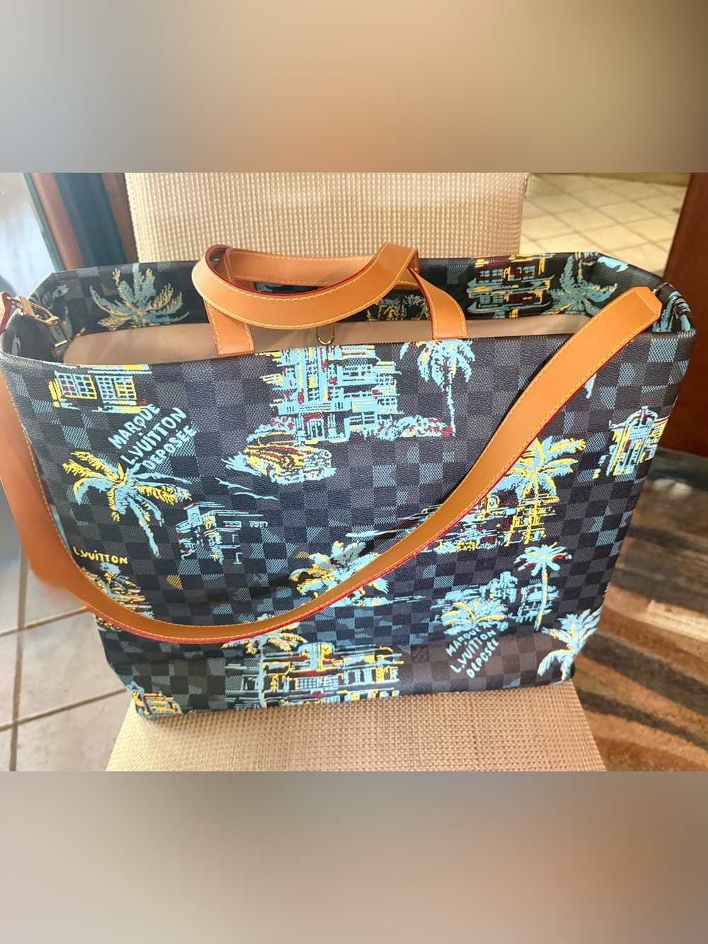 LV Black, Blue & Yellow Printed Canvas GM Shopper Tote with Tan Handles - Picture 2 of 10